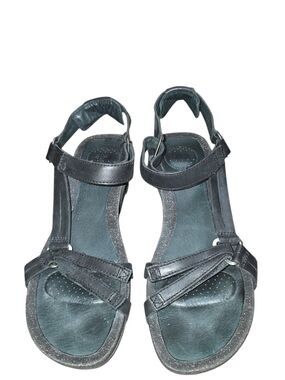 Teva Black Leather Wedge Sandals Size 5.5 Comfort Strappy Platform Casual Shoes